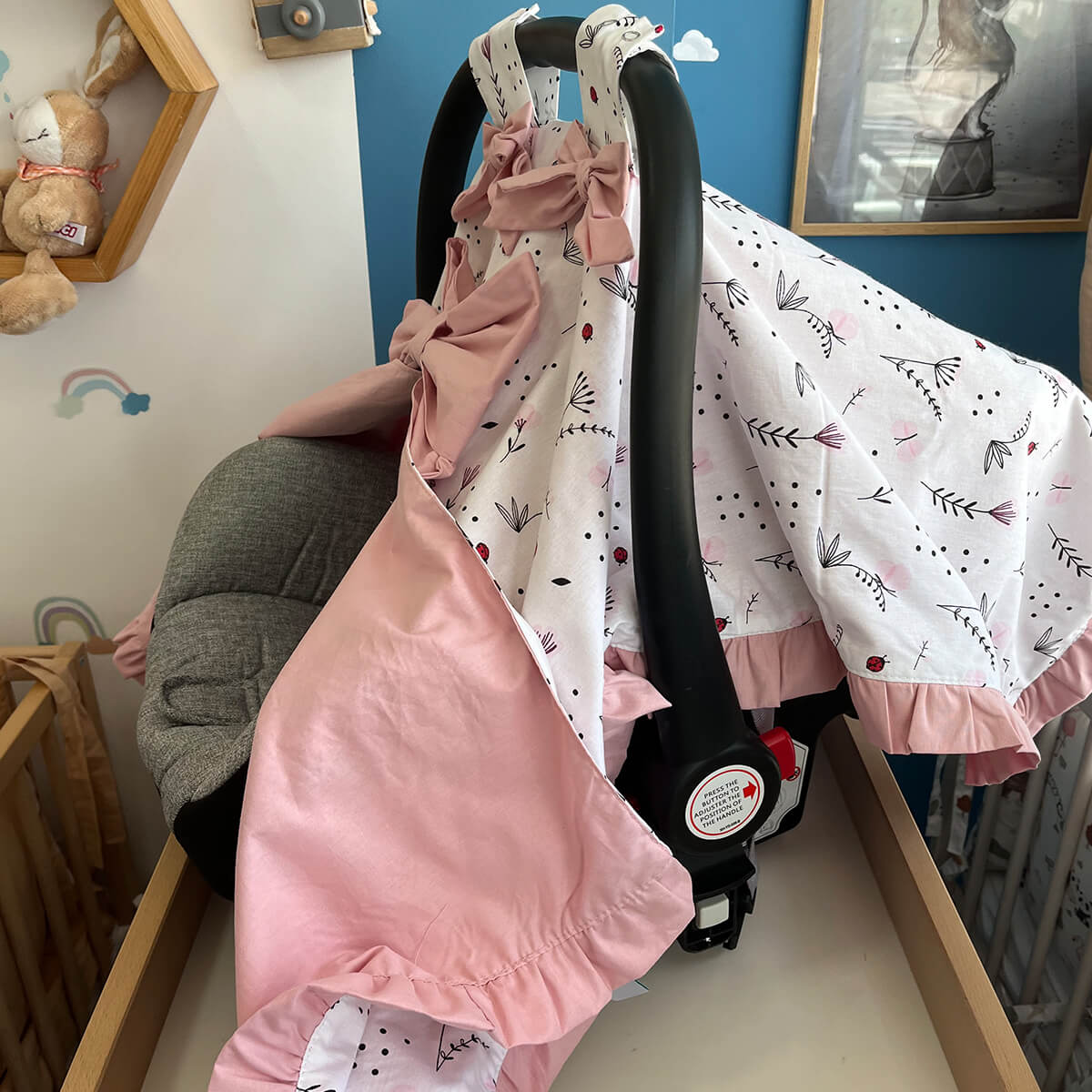 Zaštita za sedište puder roze i cvetići - zaštita od vetra i sunca za bebe - Slika 2